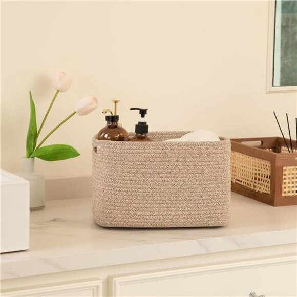 Woven Cotton Storage Baskets Set Cube Shelf Organizer Bins with Handles - Picture 5 of 8